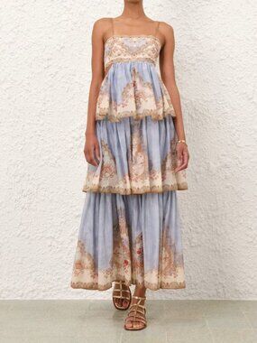 Zimmermann Floral Ruffle Dress Size 1 Blue Romantic Boho Midi